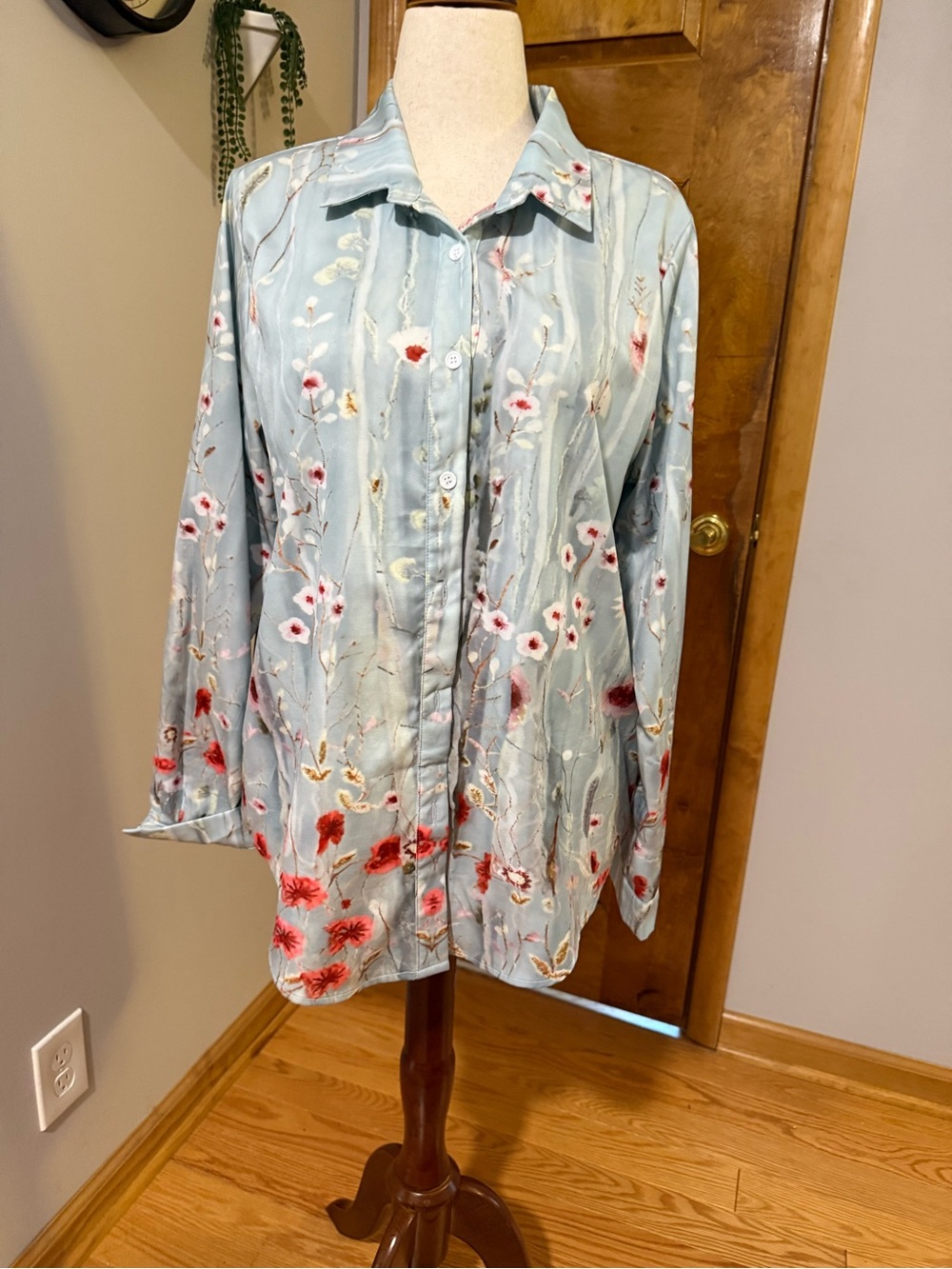 Light Blue Floral Button-Up Blouse with Red Accents